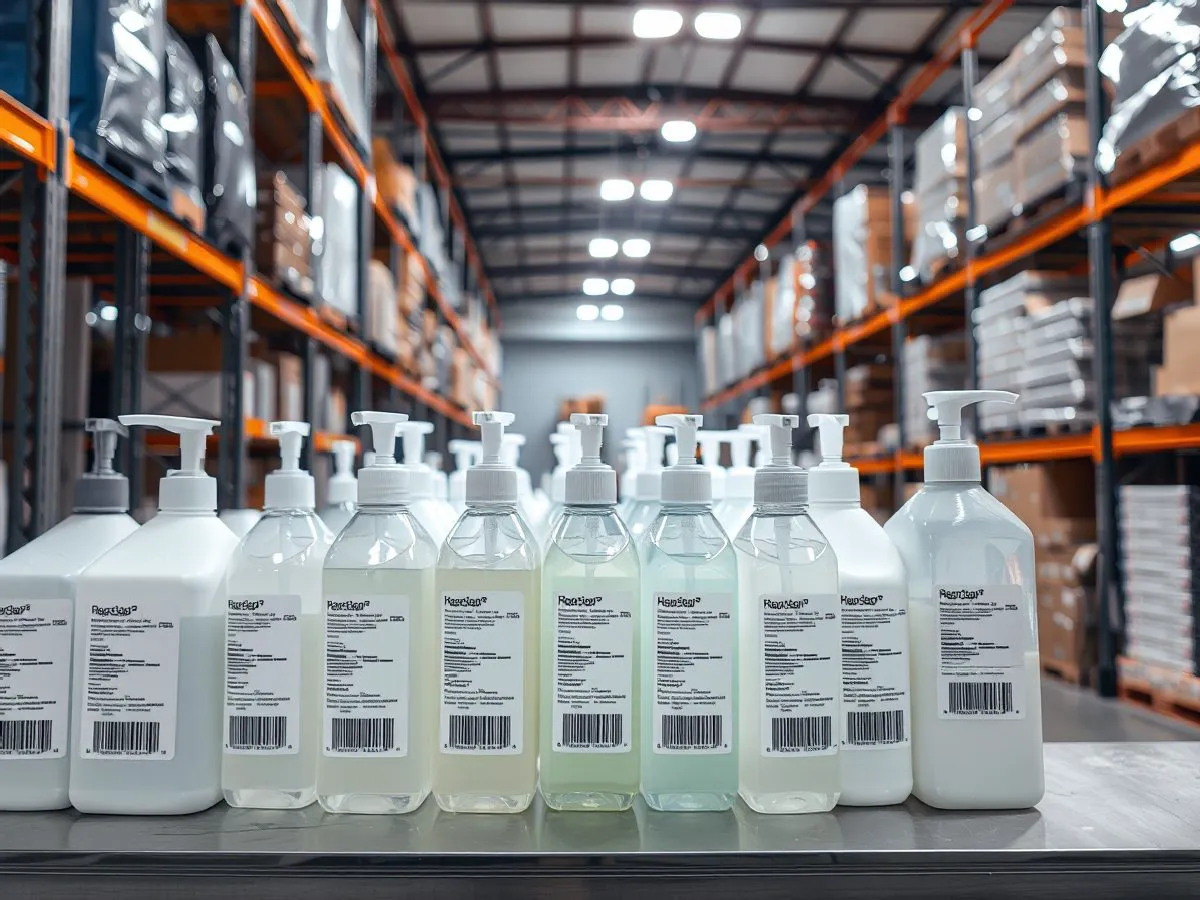 洗手液与皂液产品陈列在仓库货架上，多种规格可选
